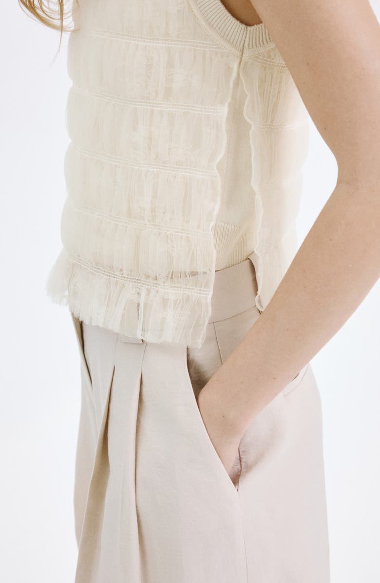 MANGO Ruched Sleeveless Mesh Overlay Knit Sweater, Alternate, color, Ecru