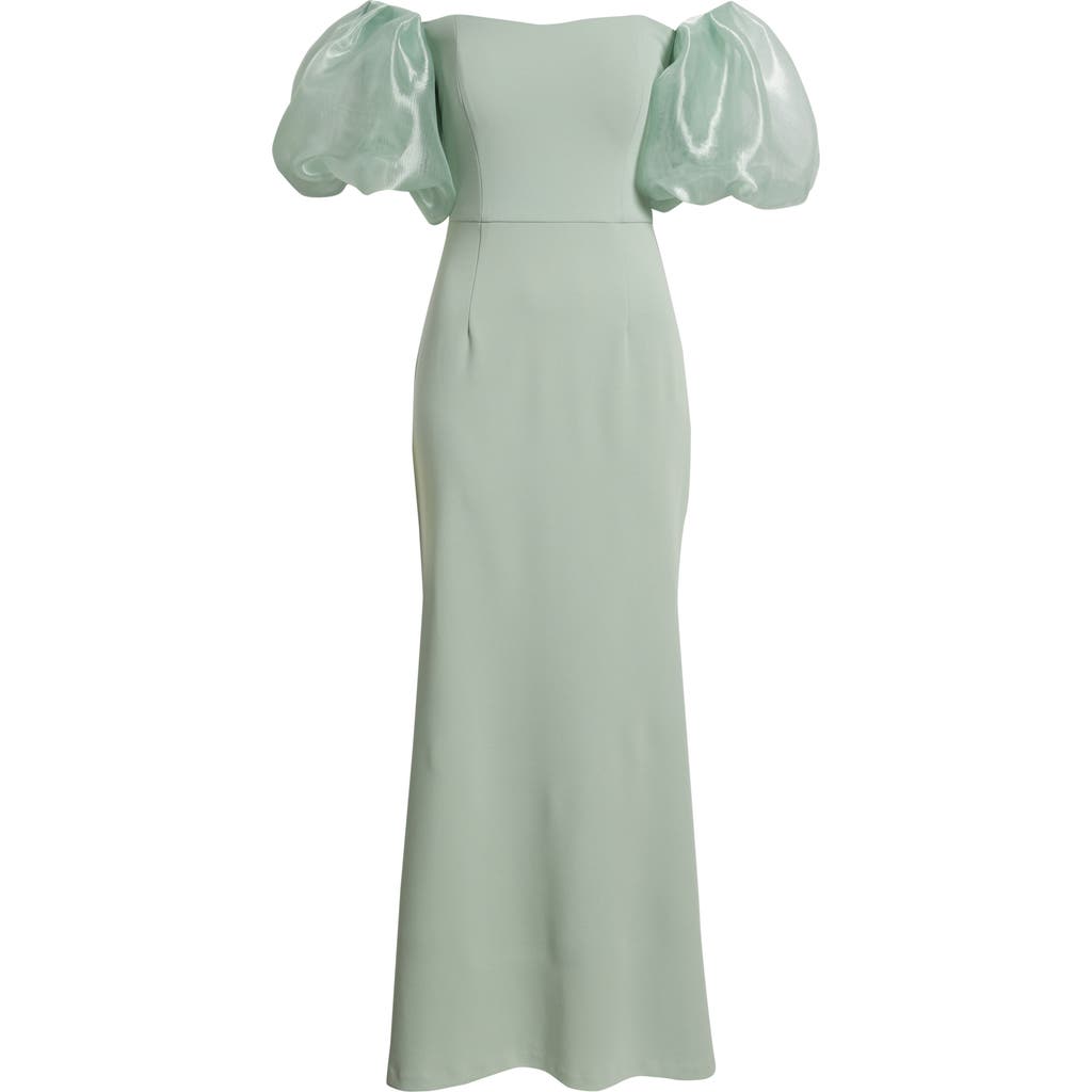 Eliza J Off The Shoulder Puff Sleeve Trumpet Gown In Green