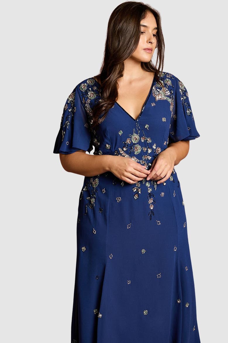 Plus Floral Embellished Midi Dress, Alternate, color, Navy