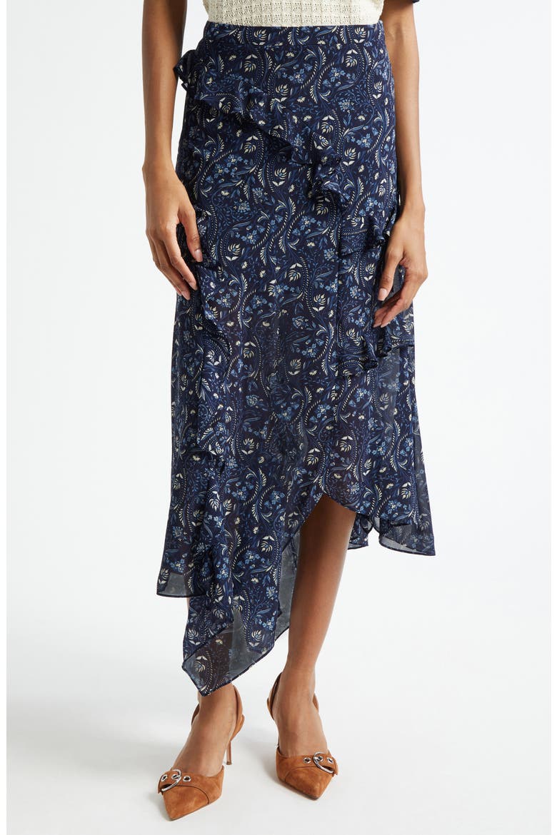Elenora Ruffle Floral Paisley Midi Skirt, Main, color, NAVY MULTI