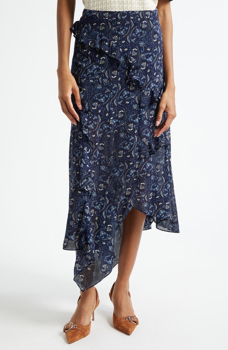 Veronica Beard Elenora Ruffle Floral Paisley Midi Skirt, Main, color, Navy Multi