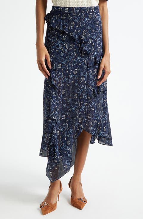 Elenora Ruffle Floral Paisley Midi Skirt