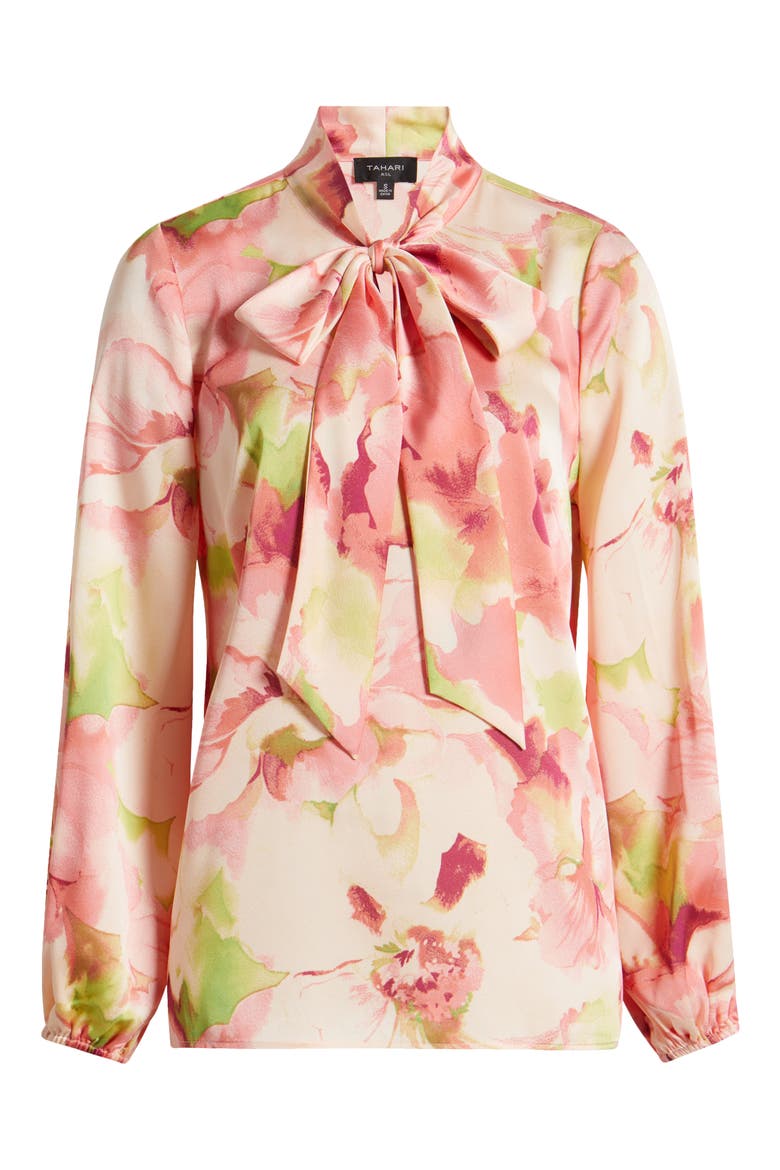 Floral Bow Neck Charmeuse Top, Main, color, PEACH WATERCOLOR