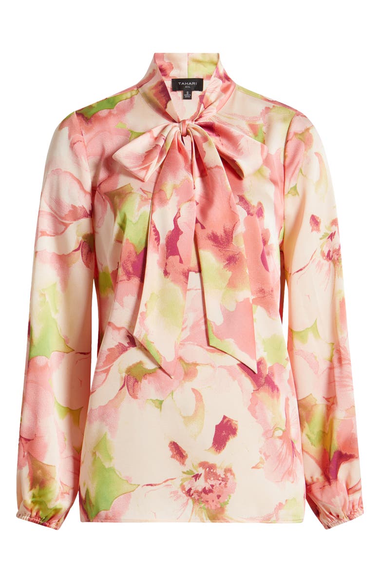 Tahari ASL Floral Bow Neck Charmeuse Top, Main, color, Peach Watercolor