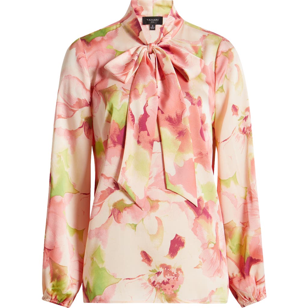 Tahari Asl Plus Size Floral-print Tie-neck Blouse In Peach Watercolor