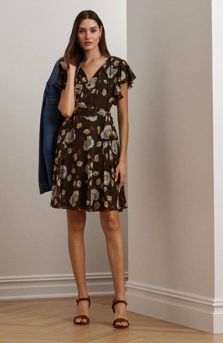 Polo Ralph Lauren Georgette Floral Print Short Sleeve Minidress, Alternate, color, Brown Multi
