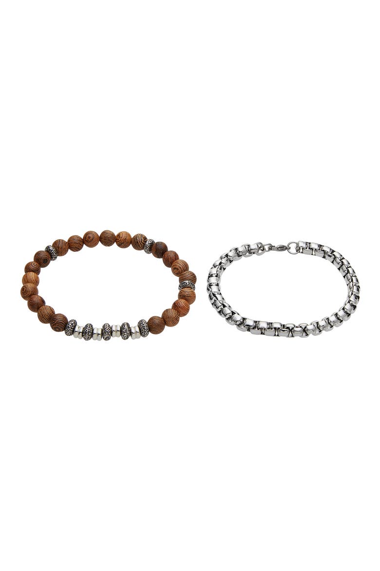 Men's Set of 2 Beaded Stretch Bracelet & Box Chain Bracelet, Alternate, color, BEIGE/ SILVER