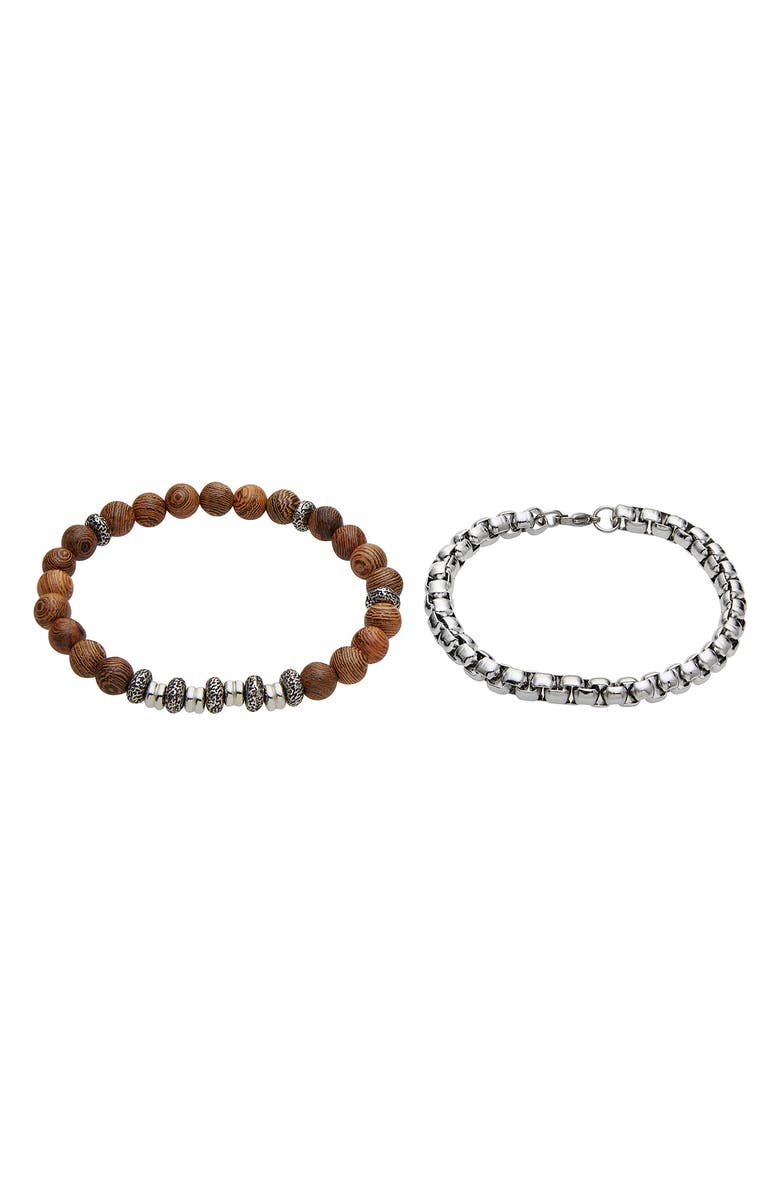 AMERICAN EXCHANGE Men's Set of 2 Beaded Stretch Bracelet & Box Chain Bracelet, Alternate, color, Beige/ Silver