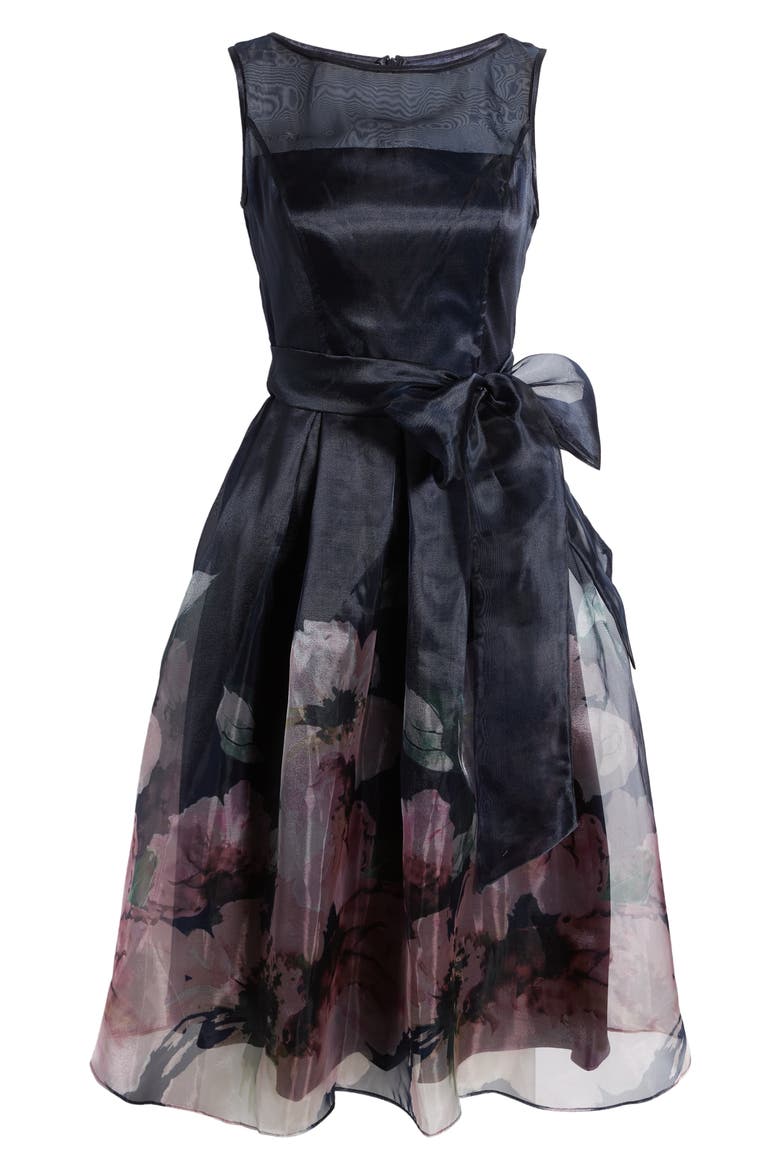 Floral Border Print Cocktail Dress, Alternate, color, NAVY PANSY