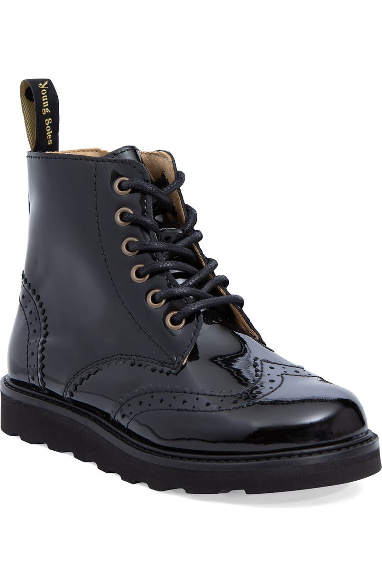 Young Soles Sidney Kids Brogue Boot, Main, color, Black Patent