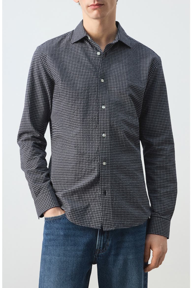 Regular Fit Check Cotton Blend Button-Up Shirt, Main, color, NAVY