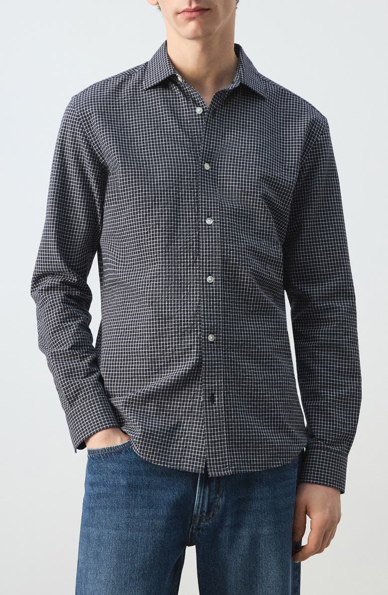 MANGO Regular Fit Check Cotton Blend Button-Up Shirt, Main, color, Navy