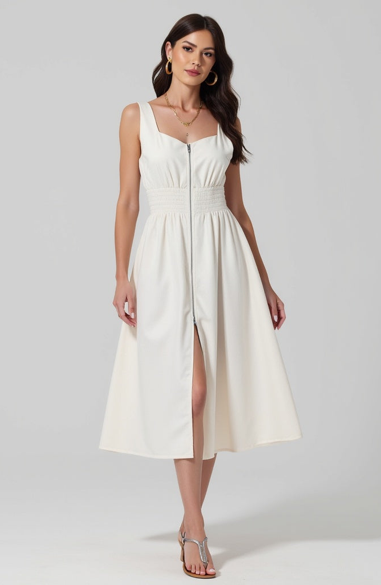 Modenaire Sleeveless Midi Dress with Smocked Waist, Alternate, color, Ivory