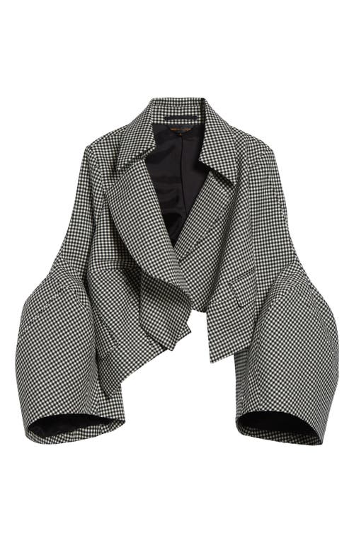 Comme Des Garçons Vichy Patterned Wool Shrug With Dramatic Ruffled Sleeves In Gray
