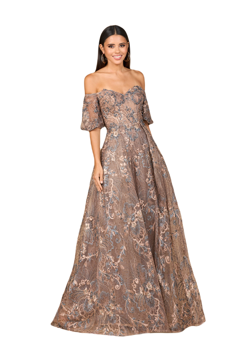LARA New York Off Shoulder Lace Ballgown, Main, color, Bronze Multi