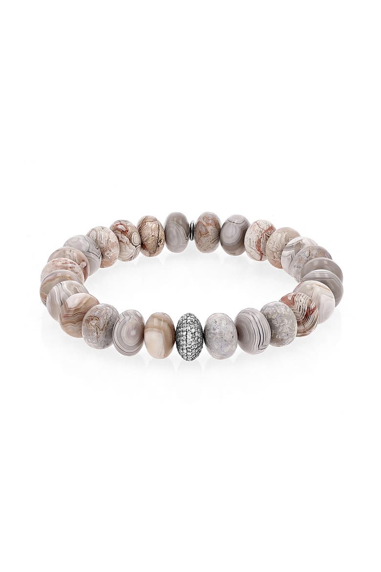 Cream Agate 10MM Bead Bracelet With Diamond Donut, Main, color, Sterling Silver / Cream Agate