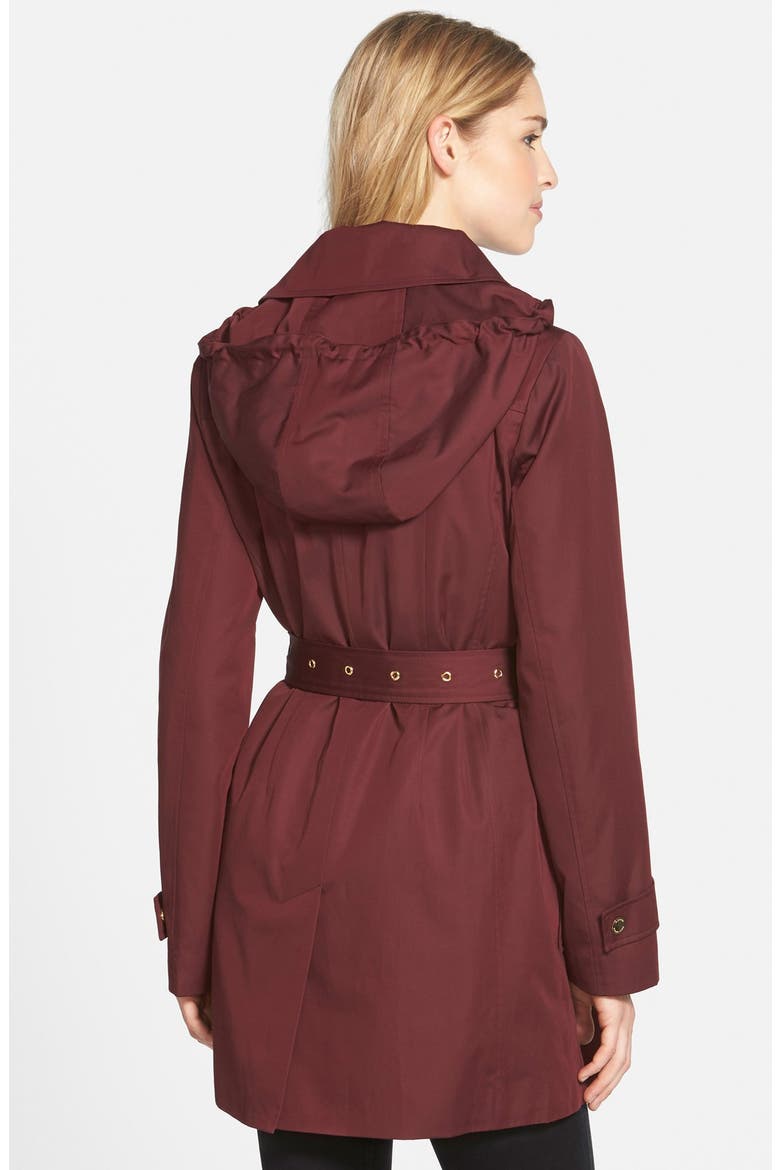 Sateen Asymmetrical Zip Trench Coat with Removable Hood & Liner, Alternate, color, BURGUNDY