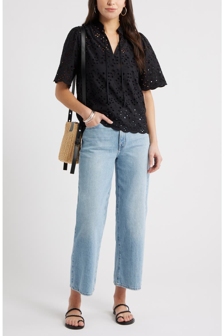 Eyelet Split Neck Cotton Top, Alternate, color, BLACK