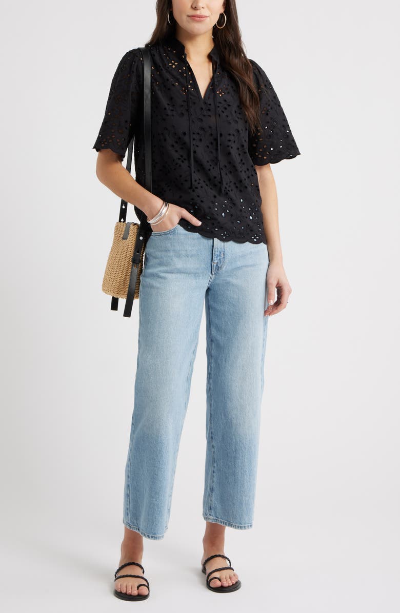 Caslon<sup>®</sup> Eyelet Split Neck Cotton Top, Alternate, color, Black