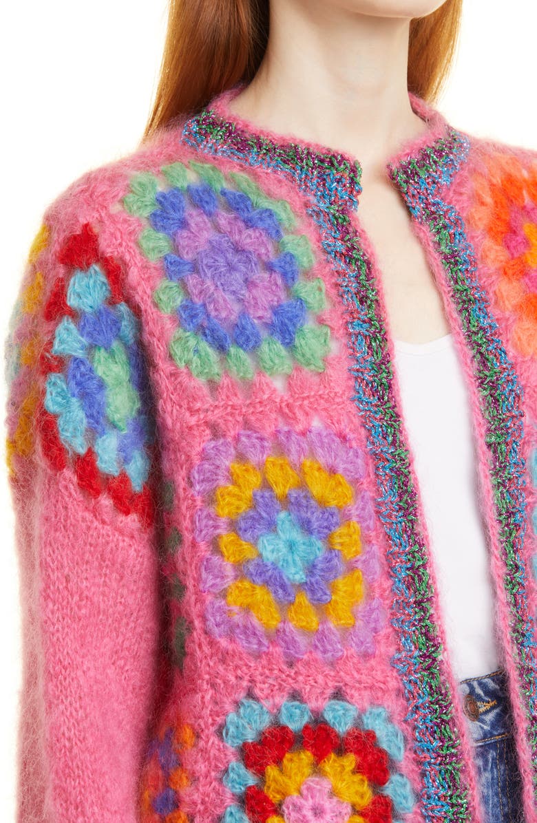 Rose Carmine Crochet Mohair & Wool Blend Cardigan, Alternate, color, 