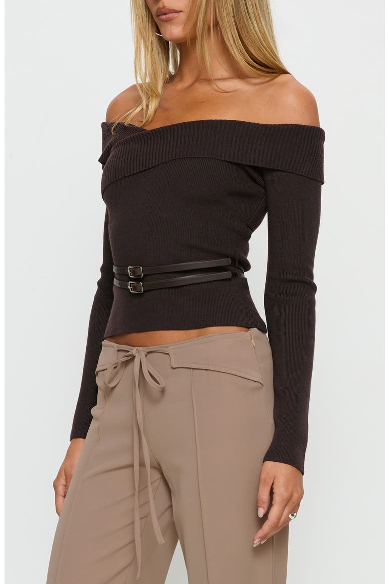 Ellenore Double Belt Off the Shoulder Top, Alternate, color, BROWN