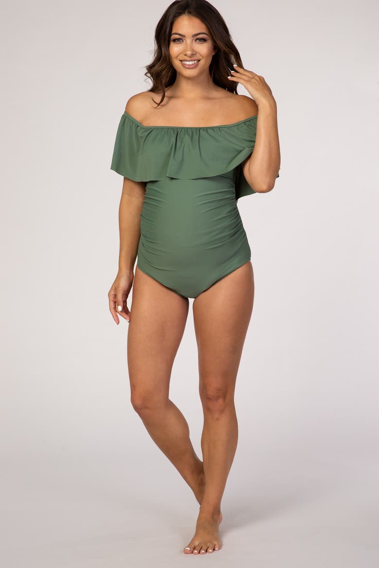 Ruffle Trim Ruched One-Piece Maternity Swimsuit, Alternate, color, Olive Green