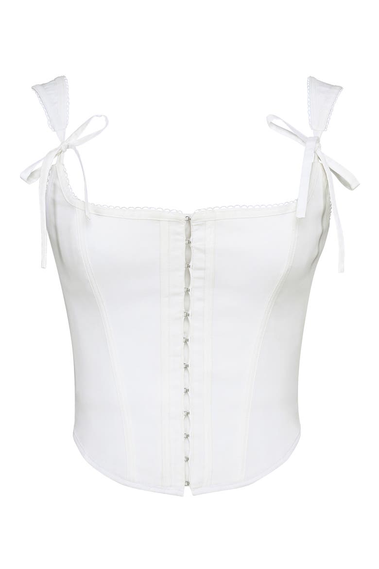 Kikki Bow Crop Lace-Up Stretch Cotton Twill Corset Top, Alternate, color, WHITE