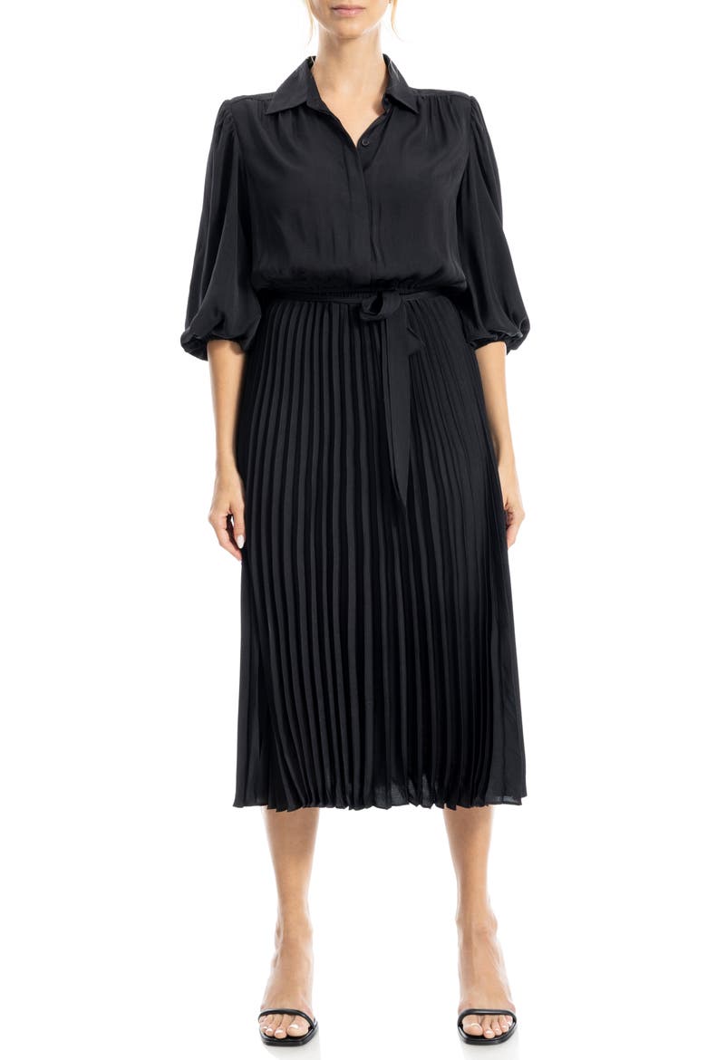 Three-Quarter Sleeve Satin Midi Shirtdress, Main, color, BLACK