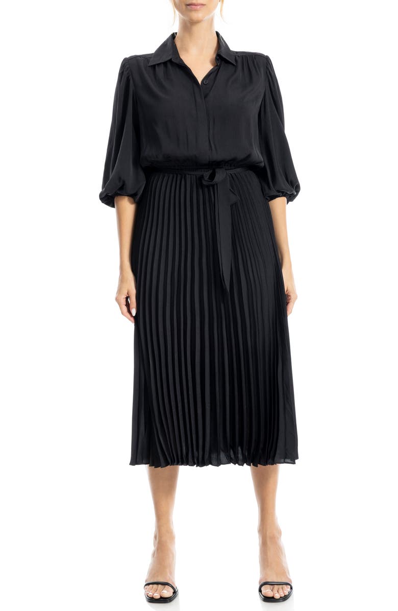 MAX STUDIO Three-Quarter Sleeve Satin Midi Shirtdress, Main, color, Black