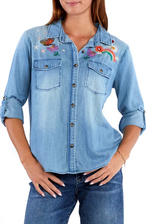 Happy Place Embrodiered Denim Button-Up Shirt