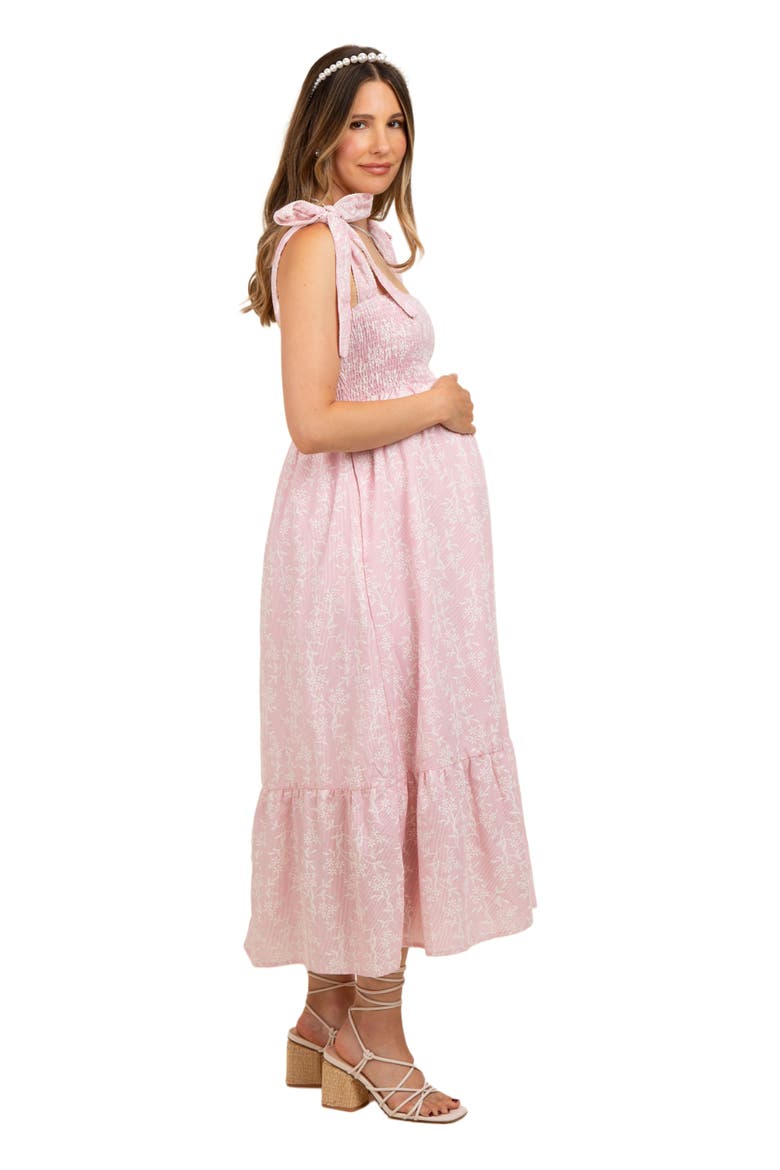 Floral Smocked Shoulder Tie Midi Dress, Alternate, color, Pink