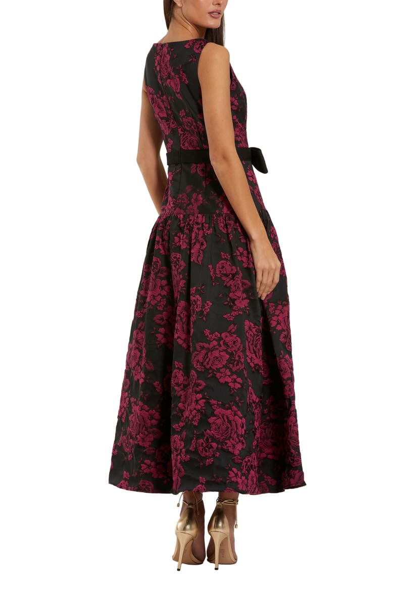 Women's Brocade Drop Waist Midi Dress With Satin Bow, Alternate, color, Magenta Multi