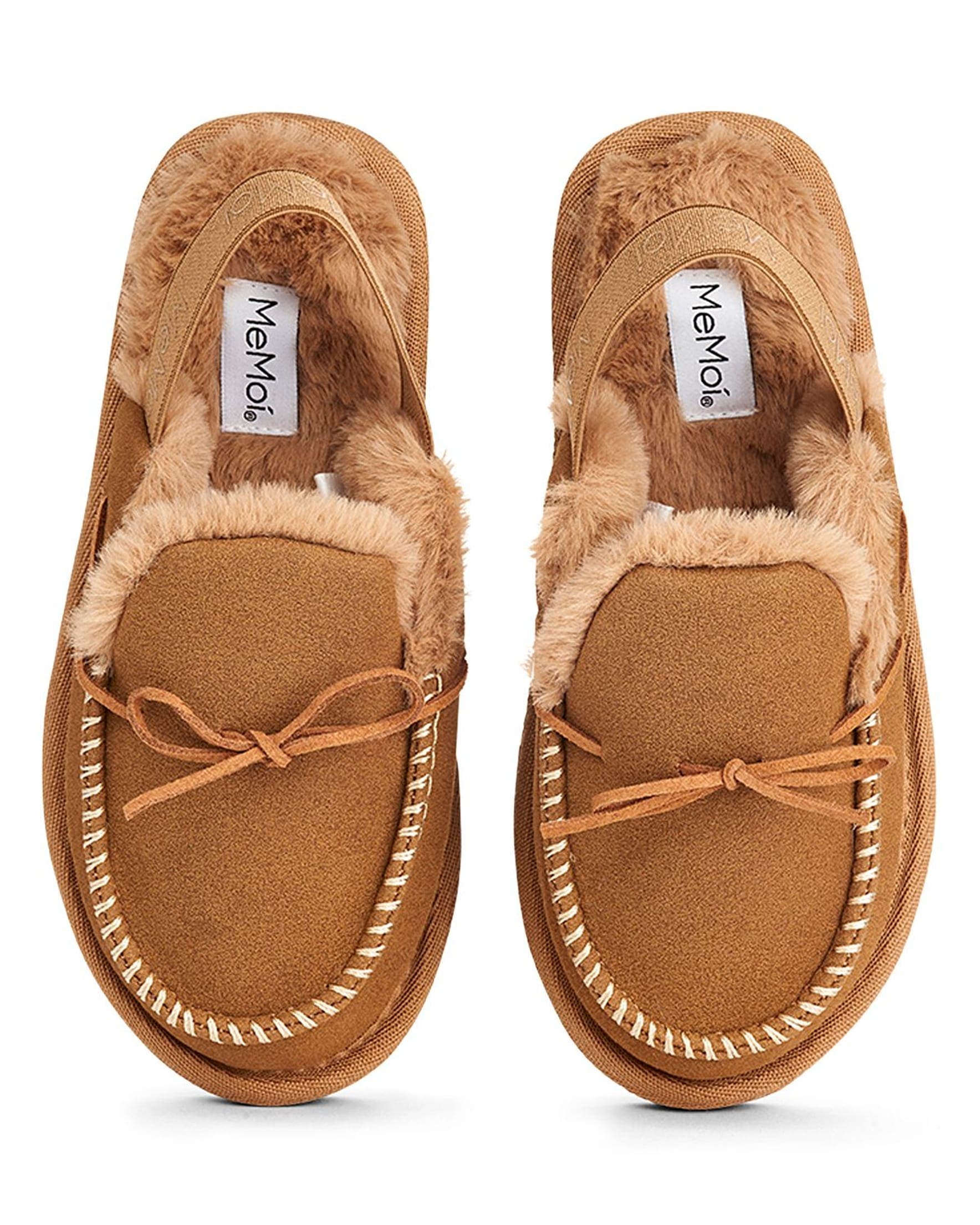Kids' Bow-Trim Microsuede Moccasin Slide Slippers, Alternate, color, Tan