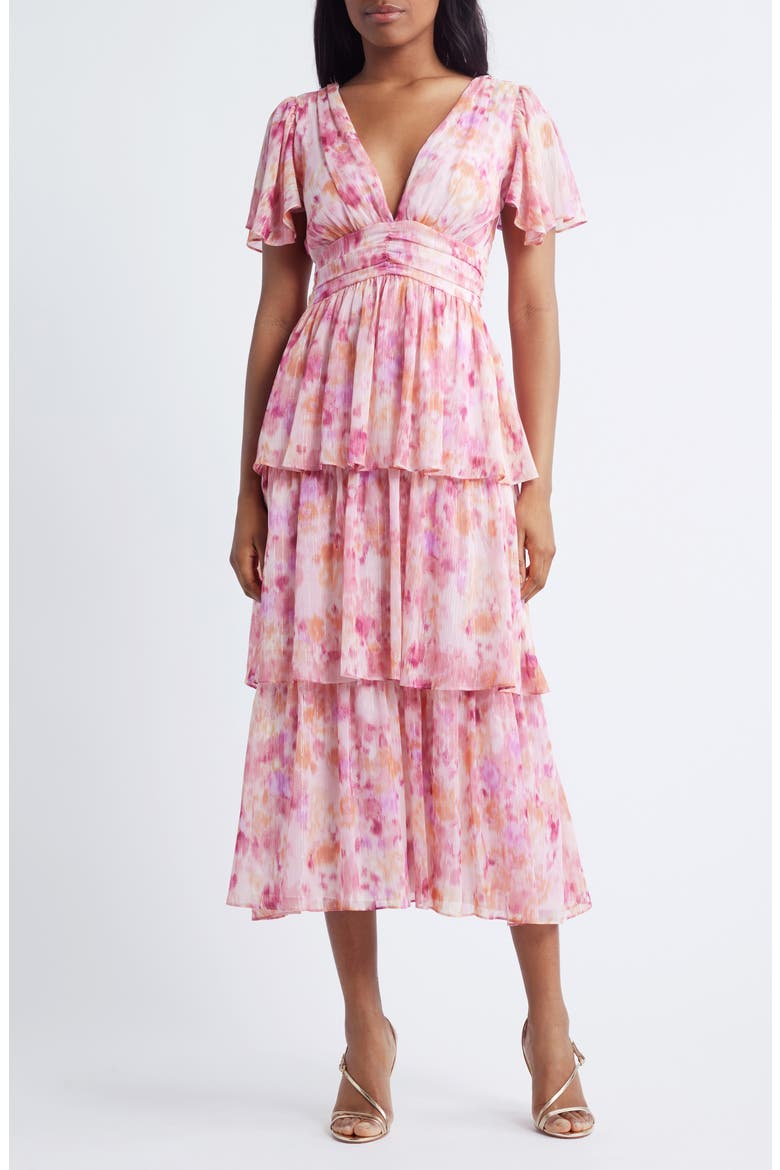 Eva Short Sleeve Tiered Chiffon Midi Dress, Main, color, FUCHSIA MULTI