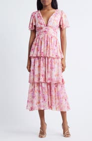 Lulus Eva Short Sleeve Tiered Chiffon Midi Dress