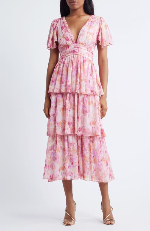 Lulus Eva Short Sleeve Tiered Chiffon Midi Dress In Pink