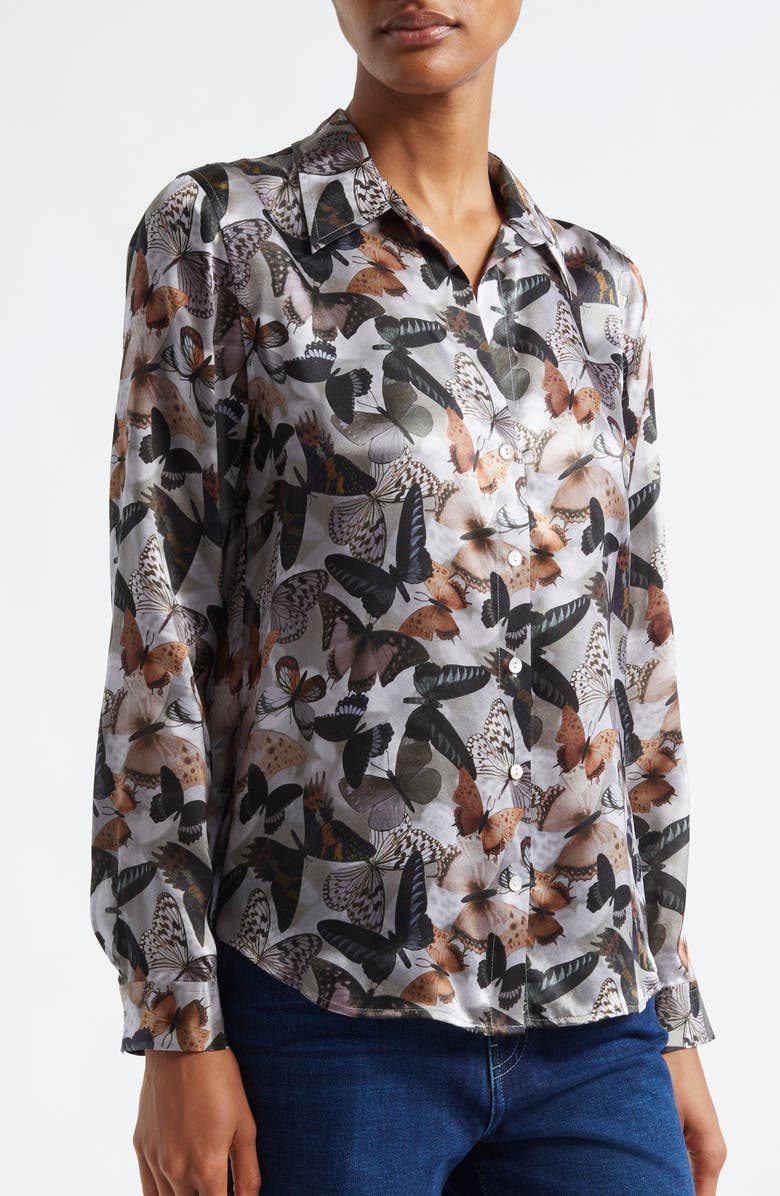 L'AGENCE Tyler Butterfly Print Silk Button-Up Shirt, Alternate, color, Multi Dark Butterfly