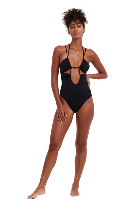 Solid Deep Plunge Cut Out Halter One Piece