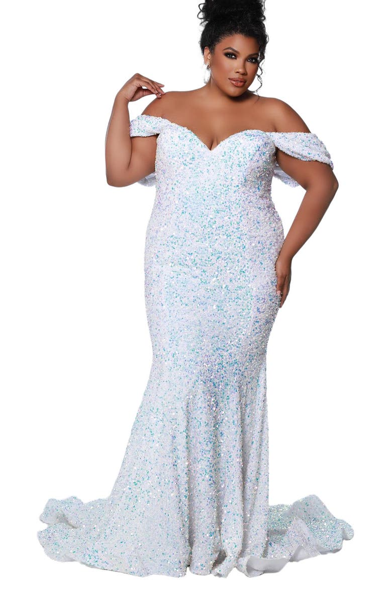 Johnathan Kayne for Sydney's Closet Off the Shoulder Plus Size Sequin Velvet Fitted Formal Gown, Main, color, Unicorn