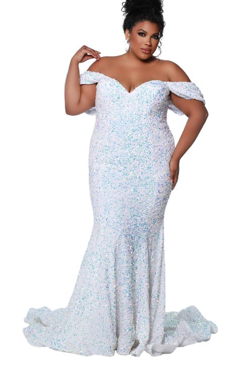 Off the Shoulder Plus Size Sequin Velvet Fitted Formal Gown