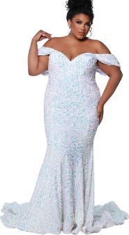 Johnathan Kayne for Sydney's Closet Off the Shoulder Plus Size Sequin Velvet Fitted Formal Gown