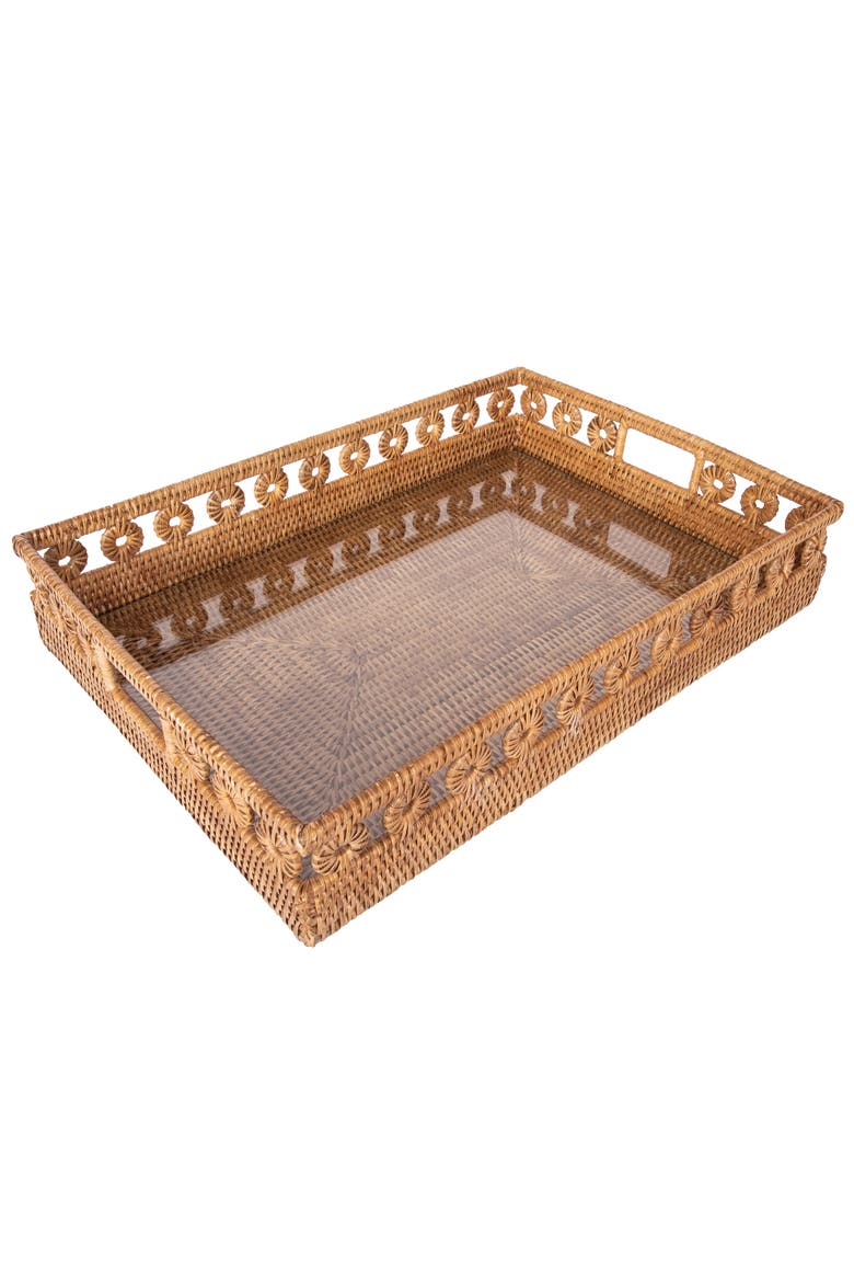 Artifacts Rattan Inna Design Rectangular Tray with Cutout Handles & Glass Insert, Alternate, color, Honey Brown