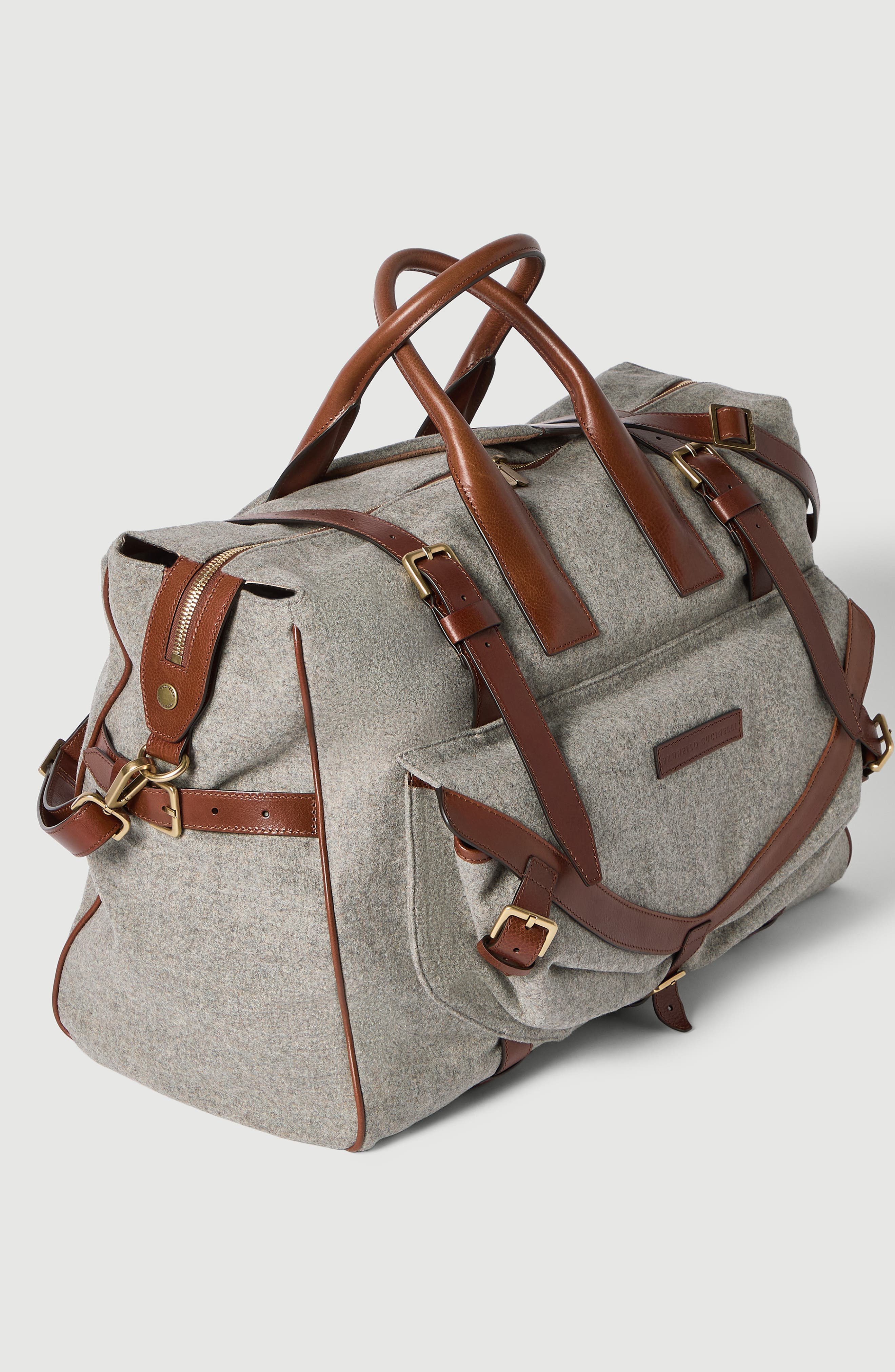 Brunello Cucinelli Virgin wool, alpaca and cashmere flannel   field bag with grained calfskin inserts, Alternate, color, Medium Grey