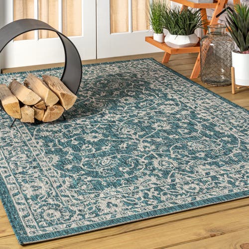 Jonathan Y Palazzo Vine And Border Textured Weave Indoor/outdoor Area Rug In Teal/gray