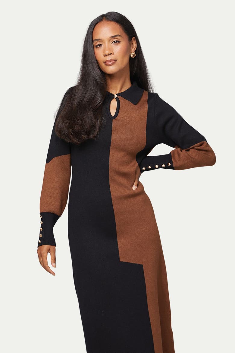 Colour Block Collared Knitted Dress, Alternate, color, Black