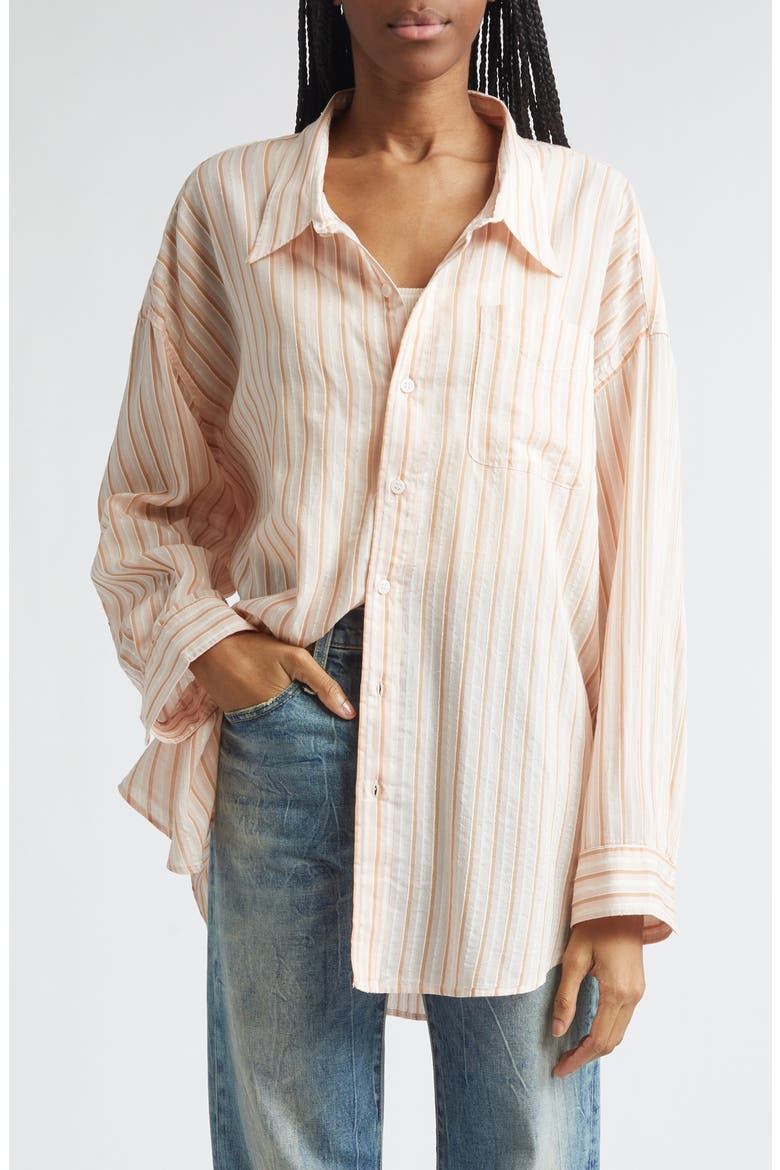 Drop Neck Stripe Cotton & Silk Blend Button-Up Shirt, Main, color, LIGHT PINK STRIPE