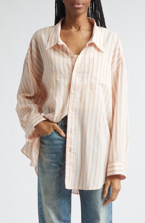 Drop Neck Stripe Cotton & Silk Blend Button-Up Shirt