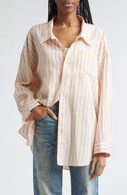 R13 Drop Neck Stripe Cotton & Silk Blend Button-Up Shirt
