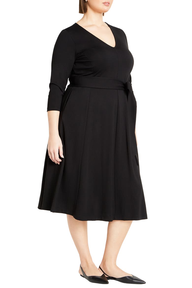 Rayna Tie Waist Stretch Ponte Midi Dress, Alternate, color, BLACK