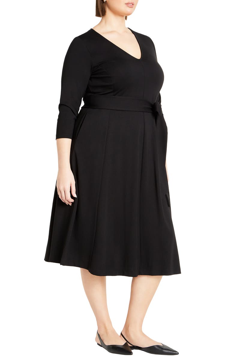 City Chic Rayna Tie Waist Stretch Ponte Midi Dress, Alternate, color, Black